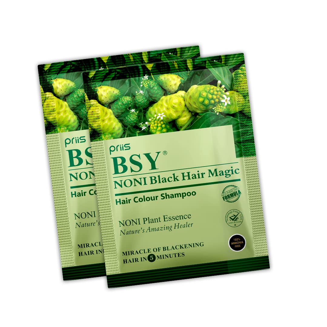 BSY Noni Black Hair Magic Hair Color Shampoo - Ammonia Free, Natural Black Permanent Hair Dye for Men and Women, 4 Sachets (0.67 Fl Oz each), Suitable for Gray Hair