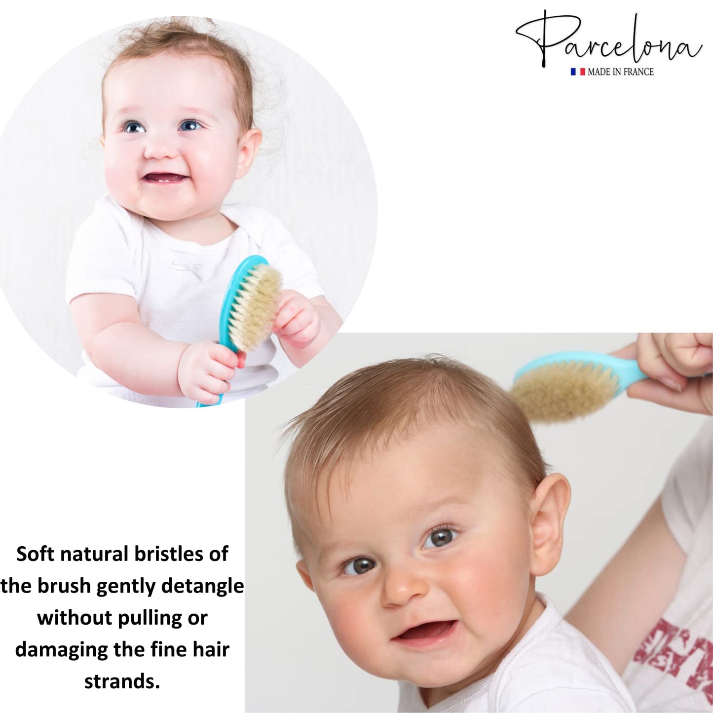 Parcelona French Grooming Combo White Blue and Brown 6” Celluloid Soft Natural Silk Bristles Baby Brush and Comb for Girls and Toddlers (Turquoise Blue)