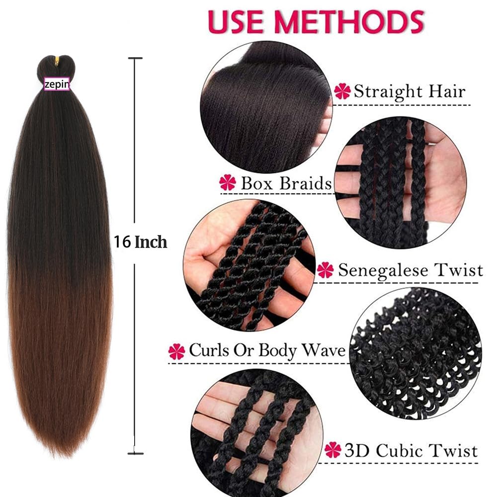 ZEPIN Pre Stretched Braiding Hair 16 Inch 8 Packs Professional Soft Yaki braiding Hair For Braids Hot Water Setting Synthetic Crochet Hair Extensions (16 Inch (Pack of 8), 1b/30)