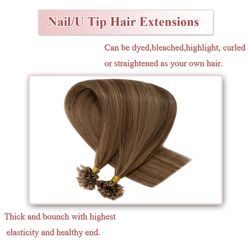 Rich Choices U Tip Hair Extensions Human Hair,100 Strands 0.5g/Strand K Tip Real Remy Human Hair Extensions Nail Tip K Tip Keratin Hair Extension 22 Inch #4P27 Medium Brown Highlight Dark Blonde