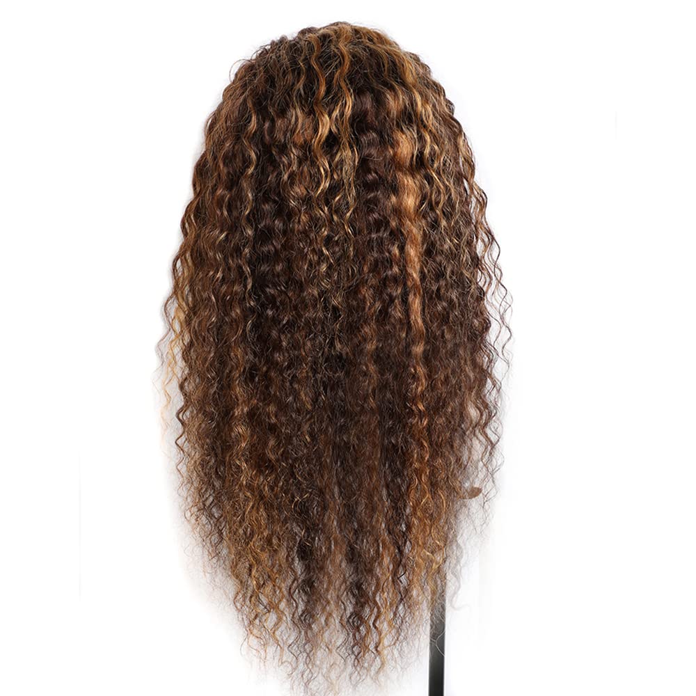 YiweYowe 30 Inch Ombre Blonde Headband Wig Human Hair P4/27 Highlight Honey Blonde Curly Wave Wig None Lace Wig Grade 8A Brazilian Remy Hair 150% Density Full Head Machine Made Half Wigs