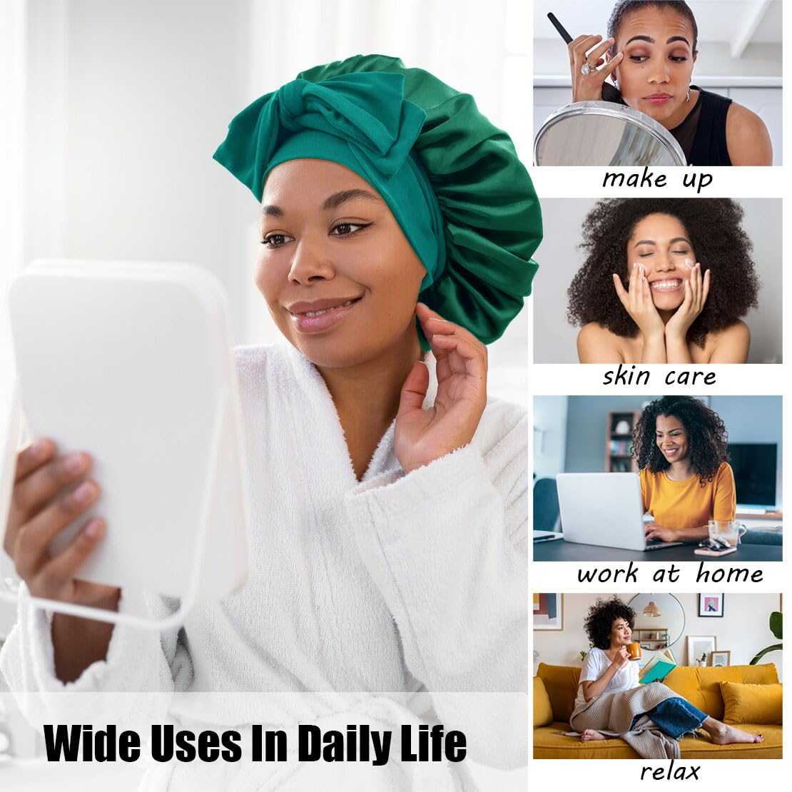 Satin Bonnet Silk Bonnet for Sleeping Women Hair Bonnet for Curly Hair Head Wrap Scarf Night Sleep Cap Bonnets for Black Woman Hair Accessories for Women Men Girls with Elastic Tie Band(Green)