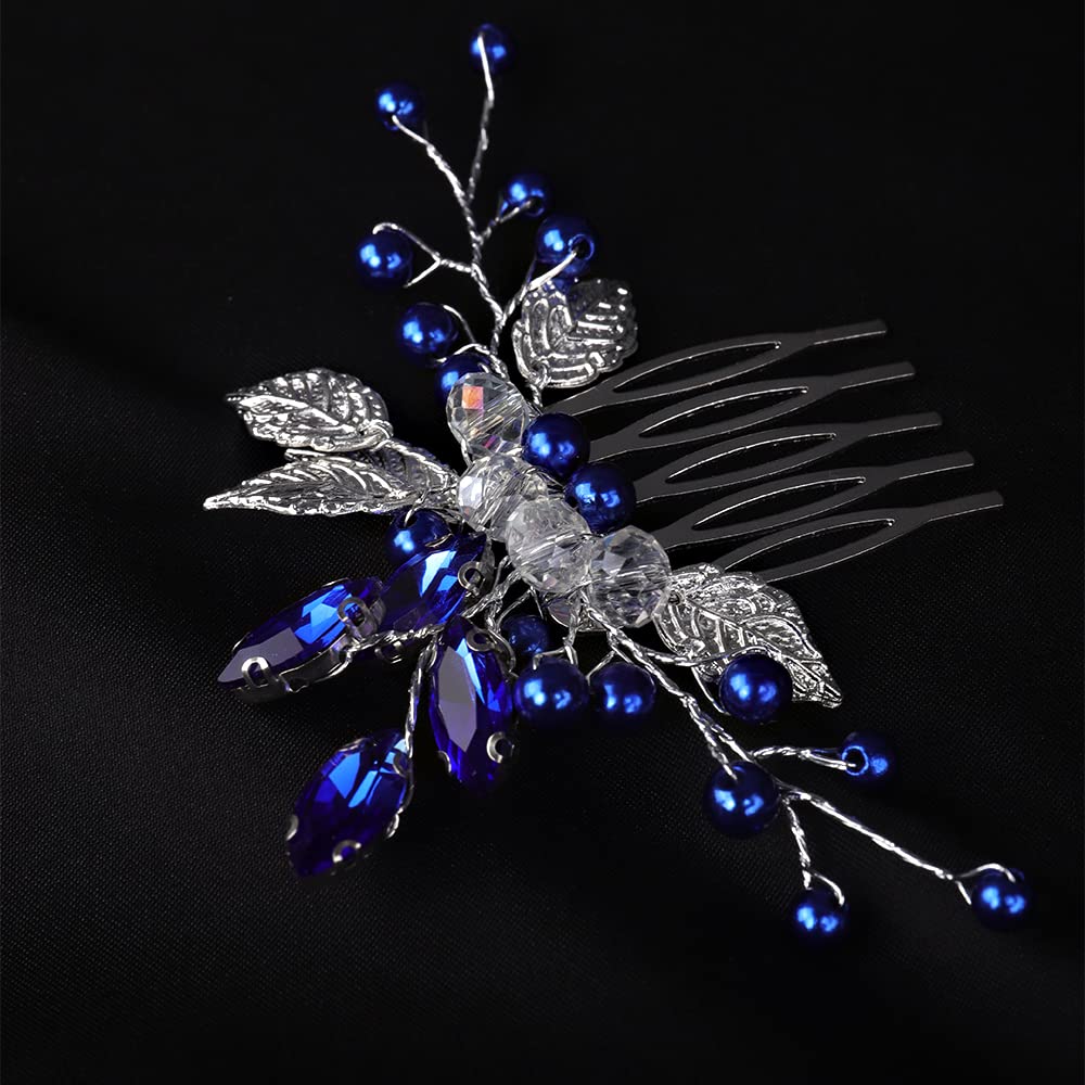 YERTTER Wedding Bridal Hair Comb decorative Rhinestone Bride Crystal Leaf Beads Comb Crystal Silver Handmade Updo Comb Clip Head Pieces for Women Flower Girls (Blue)