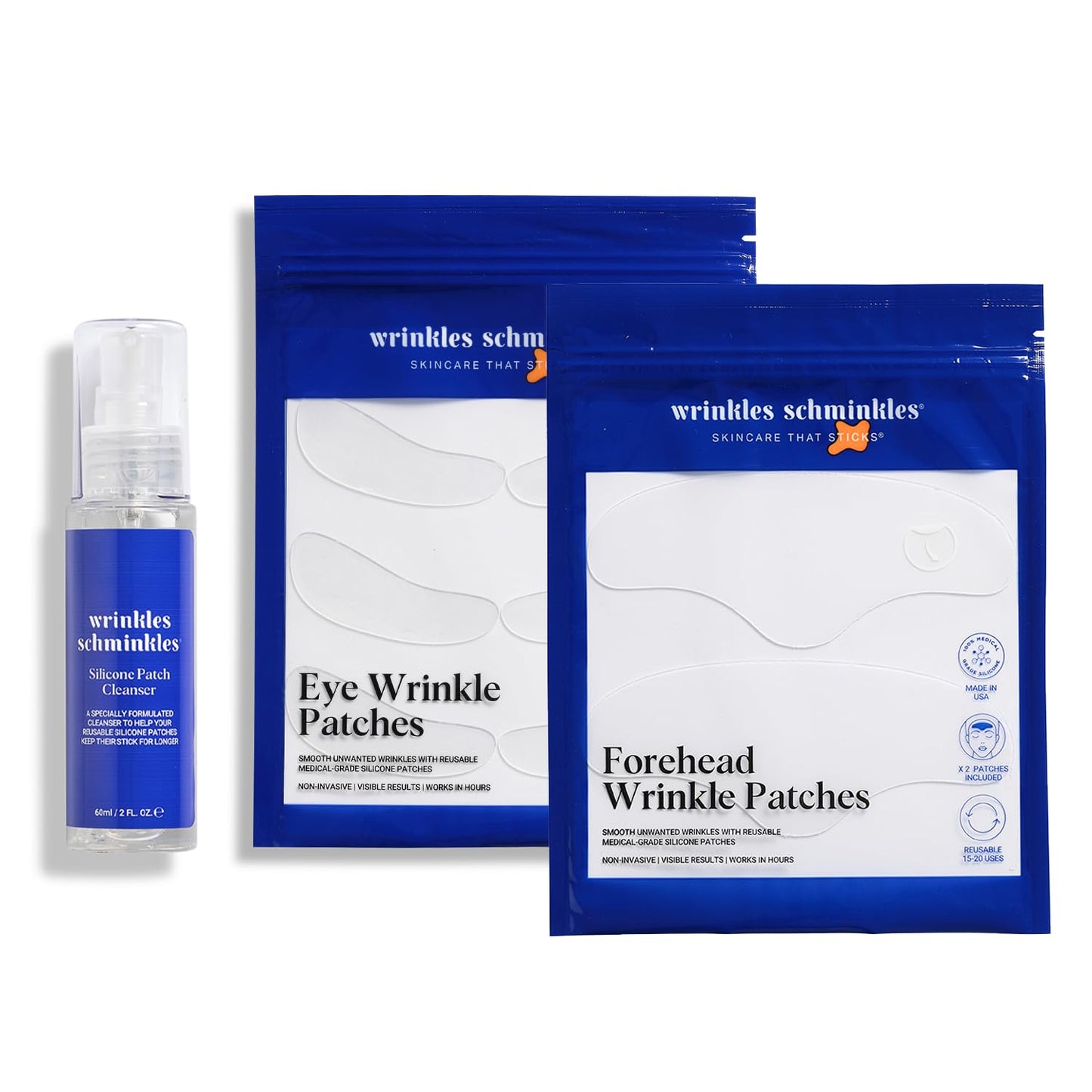 Wrinkles Schminkles Faux-Tox Face Bundle Set: Silicone Patch Cleanser, Forehead Wrinkle Patches & Under Eye Wrinkle Patches