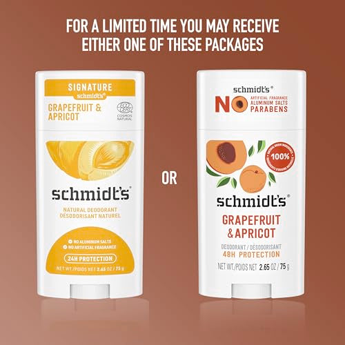 Schmidt's Aluminum-Free Vegan Deodorant Grapefruit & Apricot with 24-Hour Odor Protection, 2 Count for Women and Men, Natural Ingredients, Cruelty-Free 2.65 oz