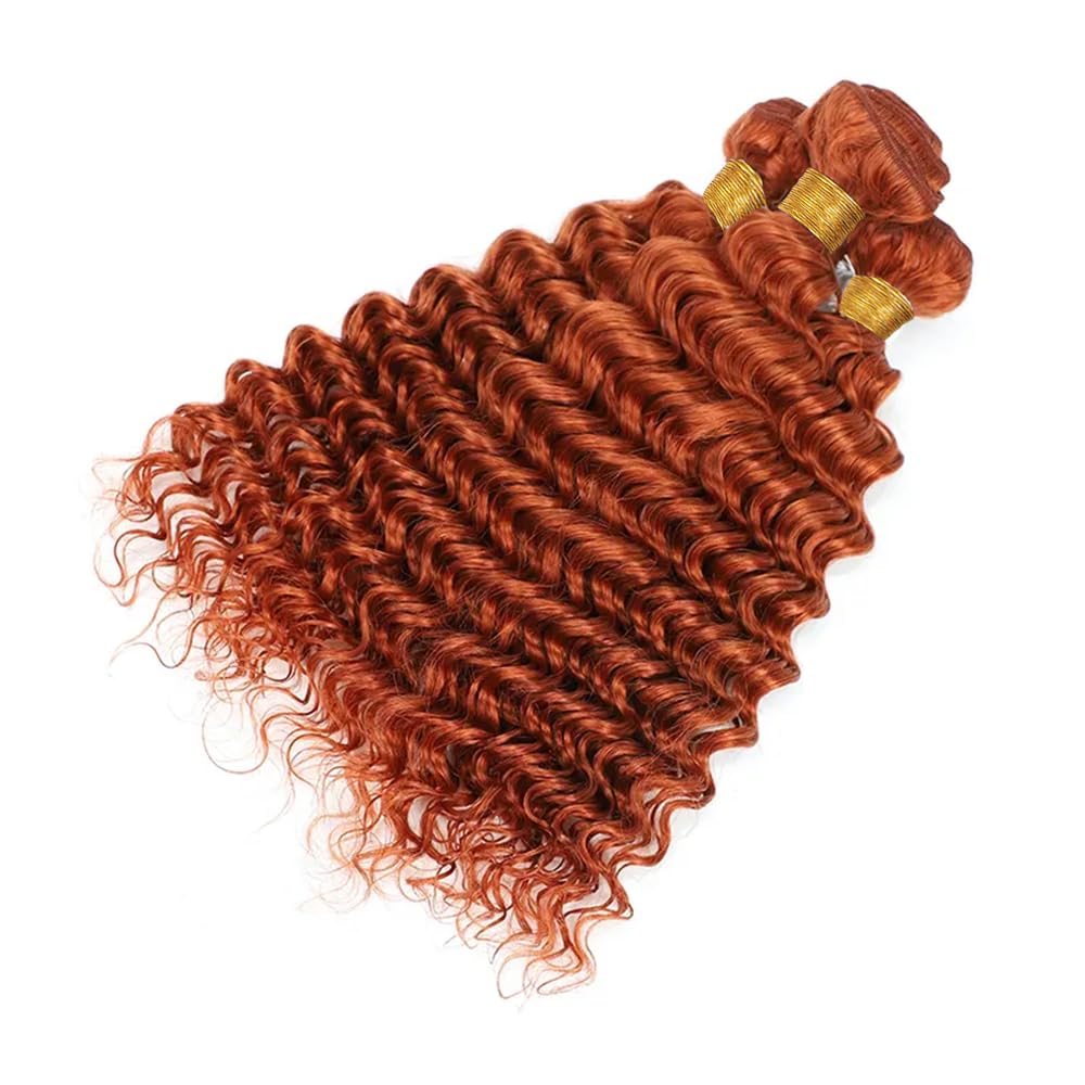 Burnt Orange Deep Curly Human Hair Bundles Color 350 Human Hair Bundles Double Weft Remy Hair Wet and Wavy Bundles Soft and Silky Ginger Deep Wave Bundles for Black Woman (14 16 18 inch,3 Bundles)