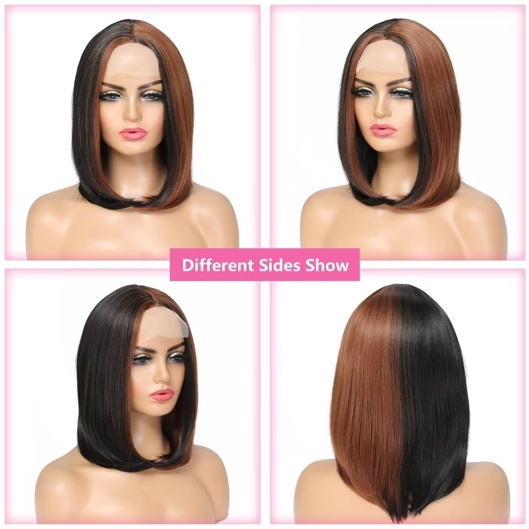 Aliesencia Highlight Bob Wig Short for Black Women Straight Synthetic Lace Wigs Natural Looking Heat Resistant Synthetic Hair Women's Wig(Black With Auburn Brown Strips)