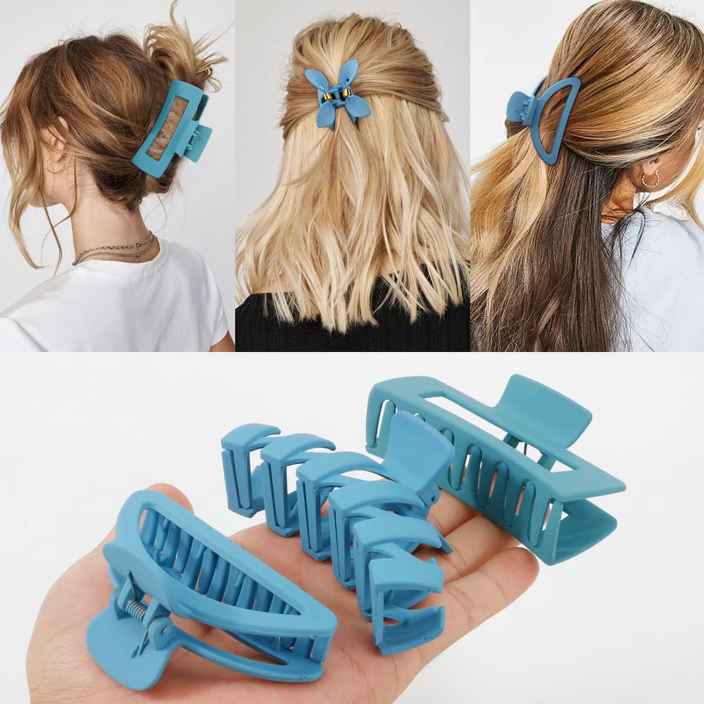 Ahoney 5 Pack Large Claw Clips for Thick Hair Blue Matte Hair Clips 3.4-4.3 Inch French Jaw Clips for Hair Big Butterfly Flower Banana Clips Hair Accessories for Women Hair Styling(Blue)