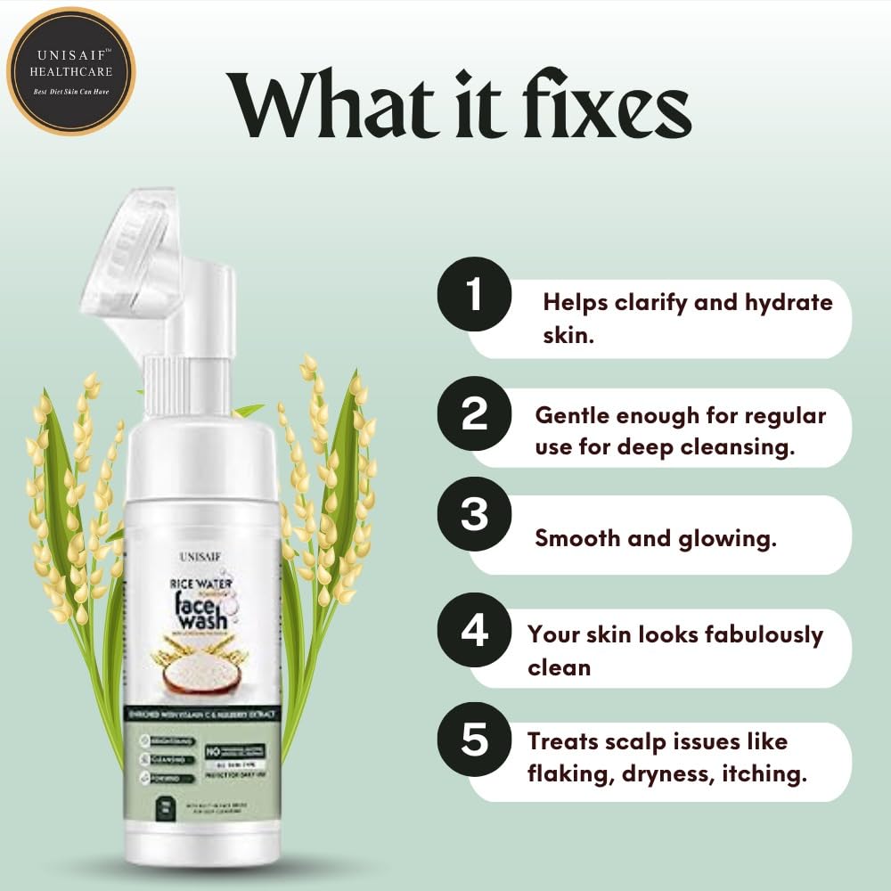 Unisaif Rice Water Face Wash – Rice Water Bright Foaming Cleanser for Women and Men’s Skin Lightening | Foaming | Brightening| Cleansing Facewash for Dry Skin 150ml