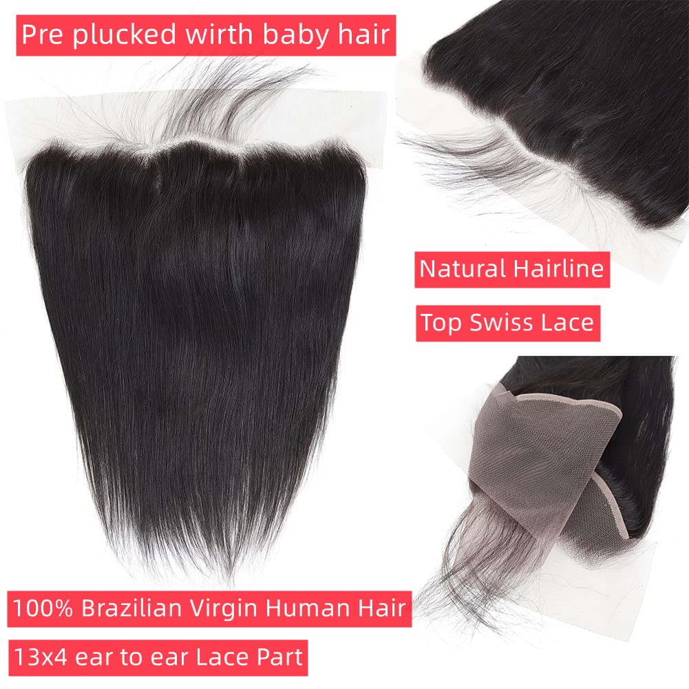 13x4 Ear to Ear Transparent HD Lace Frontal Closure Straight Human Hair Frontal With Baby Hair 100% Brazilian Human Hair Lace Frontal Closures 150% Density Natural Color 16 Inch