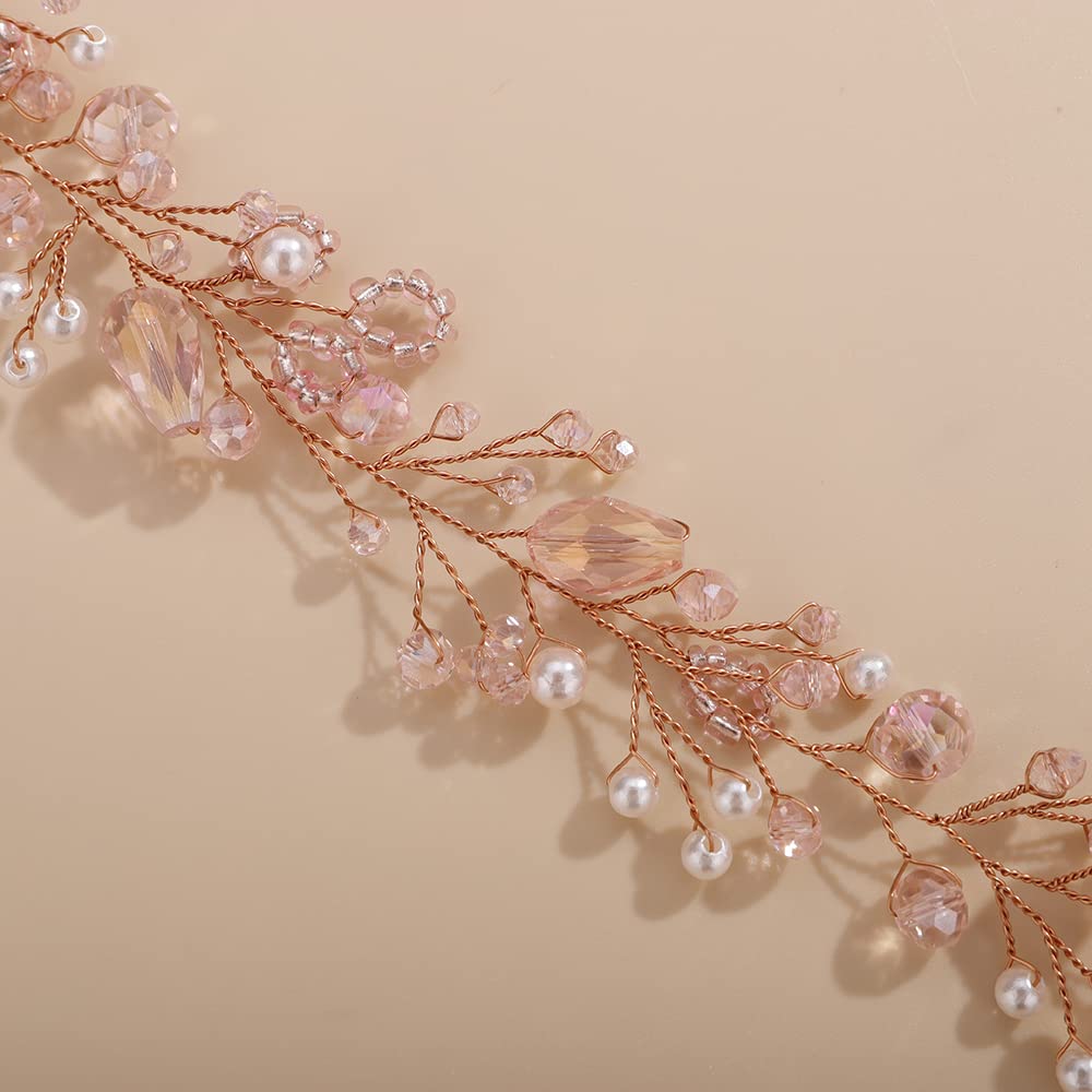 Teyglen Pink Rhinestones Crystal Hair Vine Headband, Handmade Bridal Hair Accessories for Women Girls (1 Count, Pink)