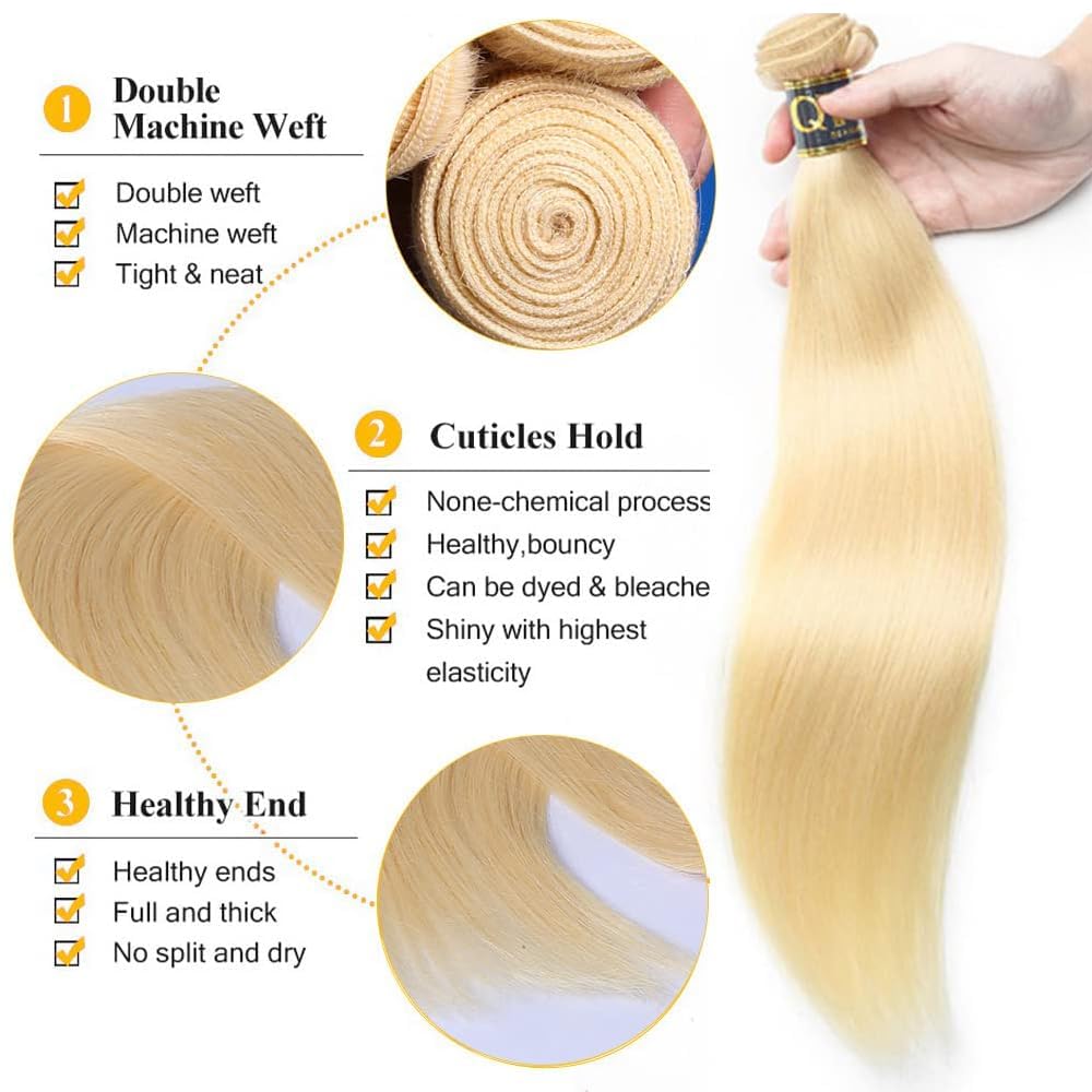 QTHAIR Human Hair Blonde Bundles 14A Grade 100% Brazilian Human Hair Color #613 Platinum Blonde Straight 26" Light Blonde Color Bundles 613 Color Straight Human hair Extensions 100g/Bundle
