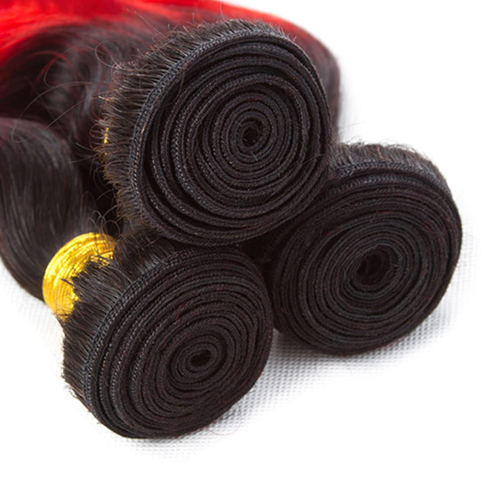Ombre Human Hair Bundles Red Deep Wave Bundle Human Hair Weave 3 Bundles 12 14 16 Inch Double Weft 2 Tone Black and Bright Red Wet and Wavy Bundles Human Hair for Black Women
