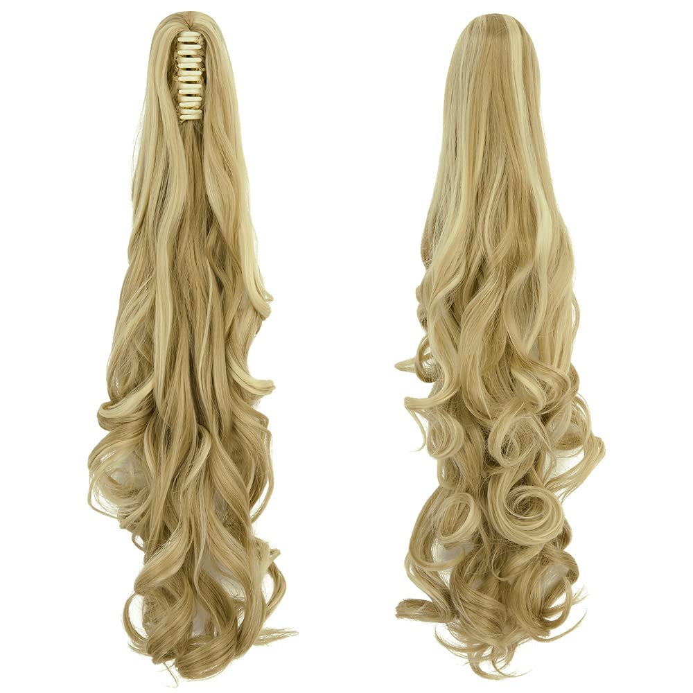 OMGREAT Long Claw Clip in Ponytail Extensions Synthetic Thick Hairpieces 24Inch Pony Tail for Women with a jaw Claw Ash Blonde Mix Bleach Blonde