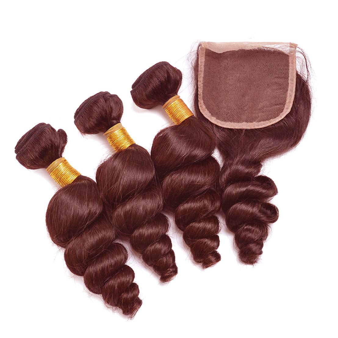 99J Burgundy Loose Deep Wave Human Hair Wefts 3 Bundles With 4x4 Lace Closure Brazilian Hair Extentions Red Wine Color Free Part 4x4 Hand tied Lace Closure (10"12"14"+10"closure, Burgundy/99J)