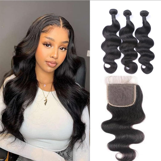 Brazilian Virgin Body Wave Bundles With Closure Three Part Unprocessed Virgin Human Hair Extension Hair Weave Bundles With Lace Closure 4X4 Natural Color (10 12 14+10 Inch)