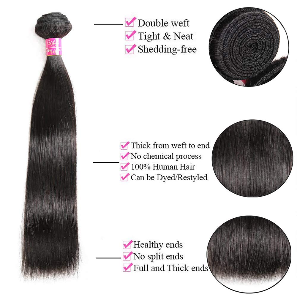 Brazilian Straight Hair With Closure 3 Bundles Unprocessed Virgin Human Hair Bundles With Lace Closure Free Part Hair Extensions Natural Color (20 22 24+18",Free Part)