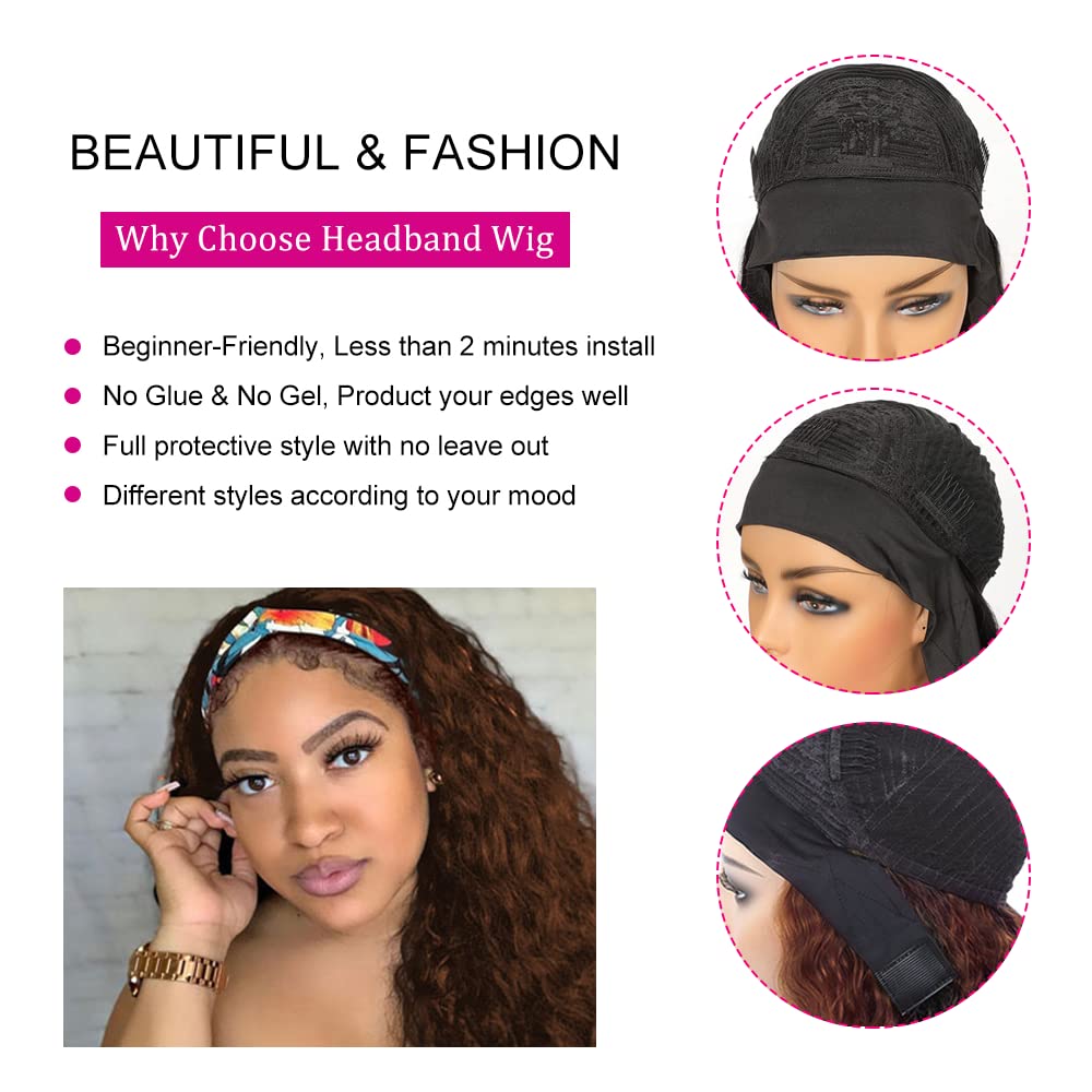 YiweYowe 26 Inch #4 Brown Water Wave Headband Wig Human Hair 150% Density Brazilian Human Hair No Lace Wig Chocolate Brown Human Hair Full Head Machine Made Half Headband Wigs