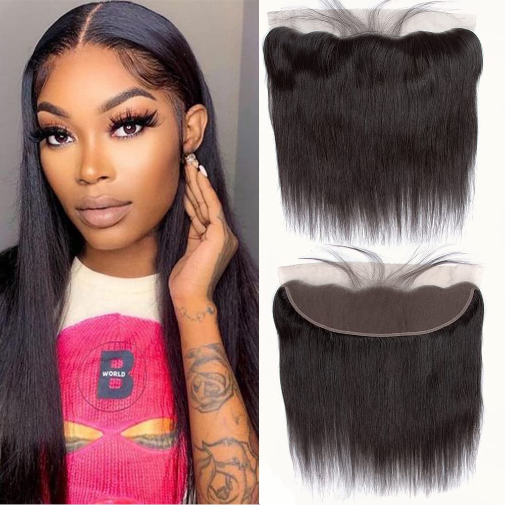 Brazilian Virgin Straight Human Hair Lace Frontal 100% Unprocessed Silky Straight lace Frontal With Baby Hair Remy Hair Ear to Ear Lace Frontal Natural Black Color (12 Inch 13x4 frontal)