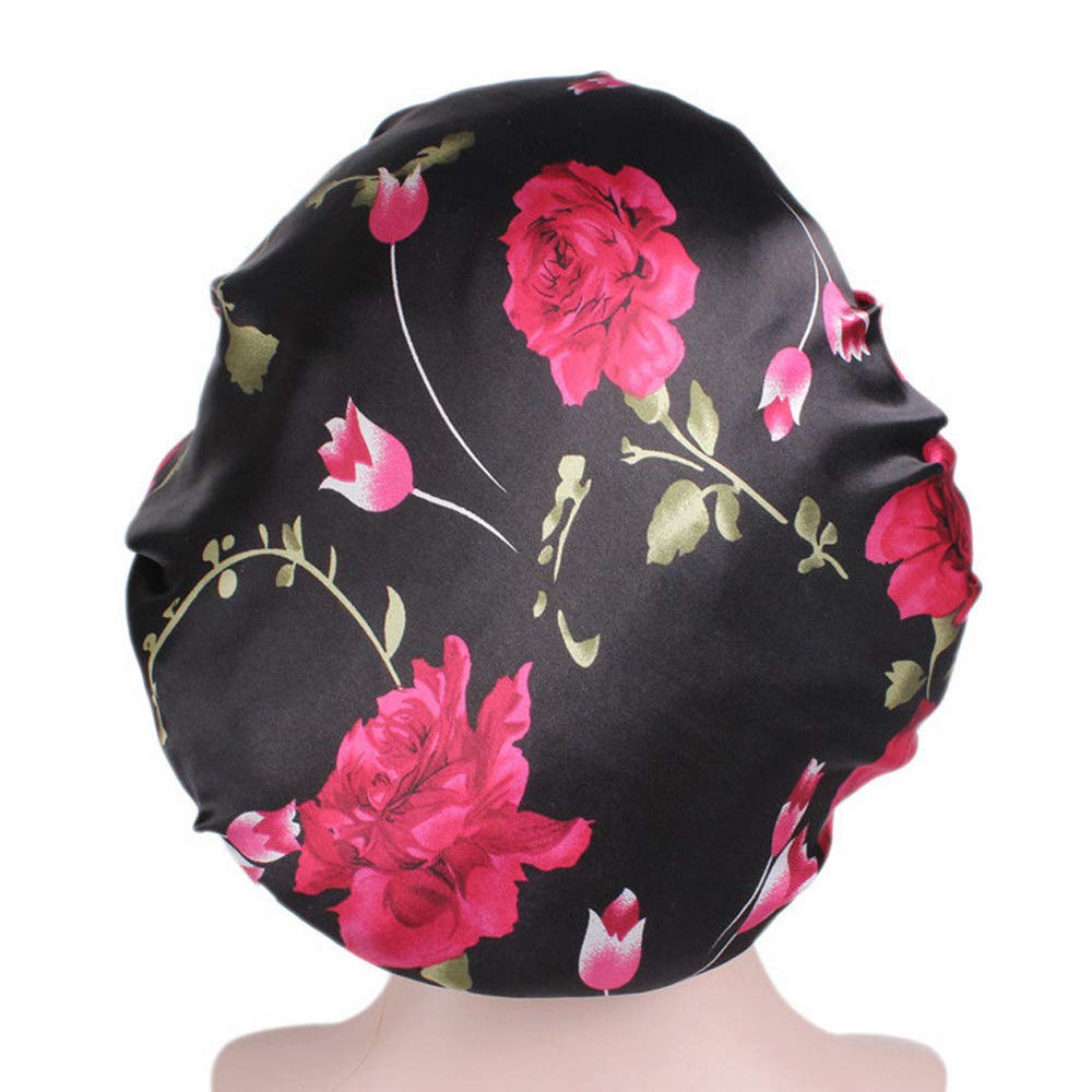 Tvoip 1Pcs Hair Satin Bonnet For Sleeping Shower Cap Silk Bonnet Bonnet Femme Women Night Sleep Cap Head Cover Wide Elastic Band (Black Flower)