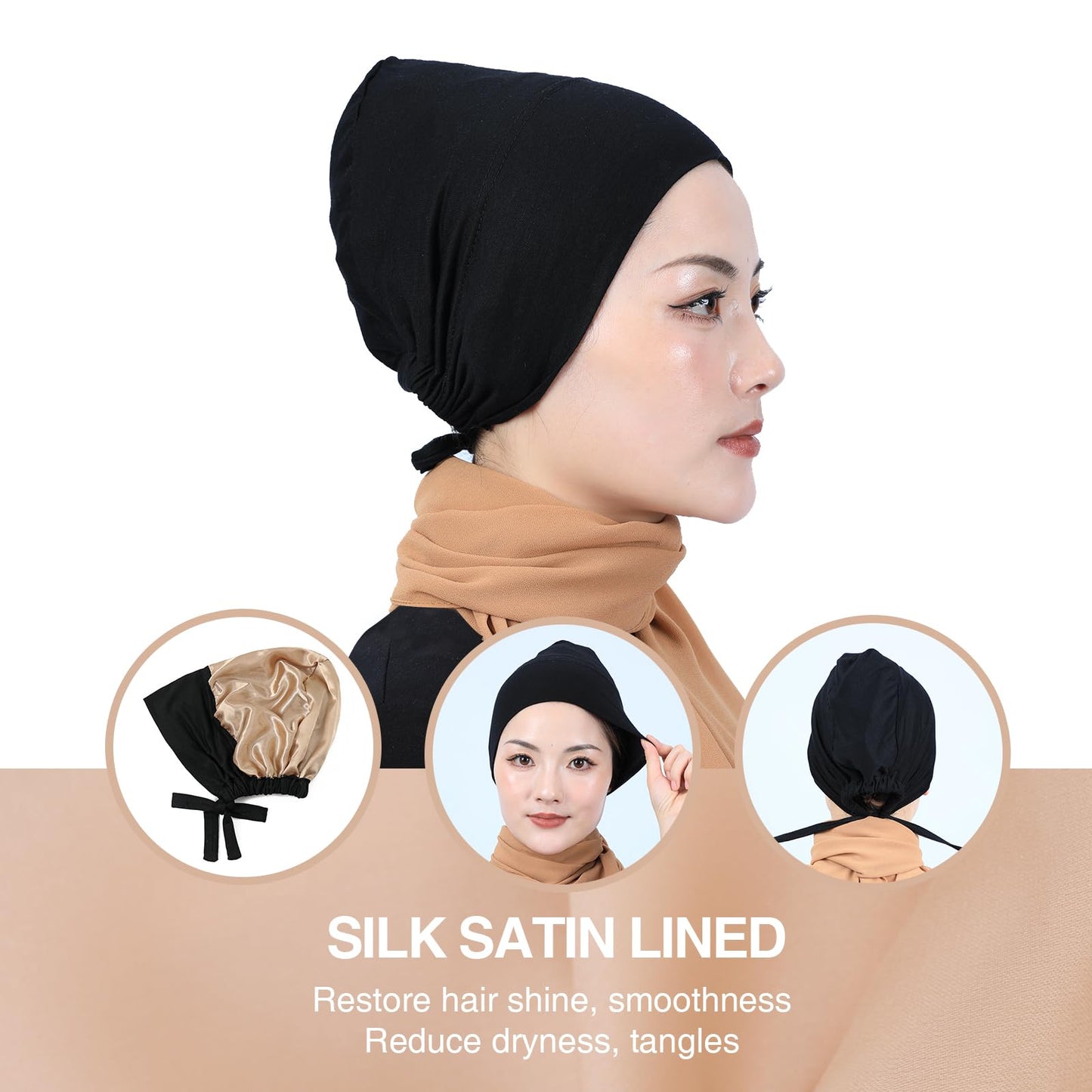 PeacePray Silky Satin Lined Hijab Undercap, Premium Non-Slip Hijab Underscarf, Adjustable Tightness to Your Liking, Black