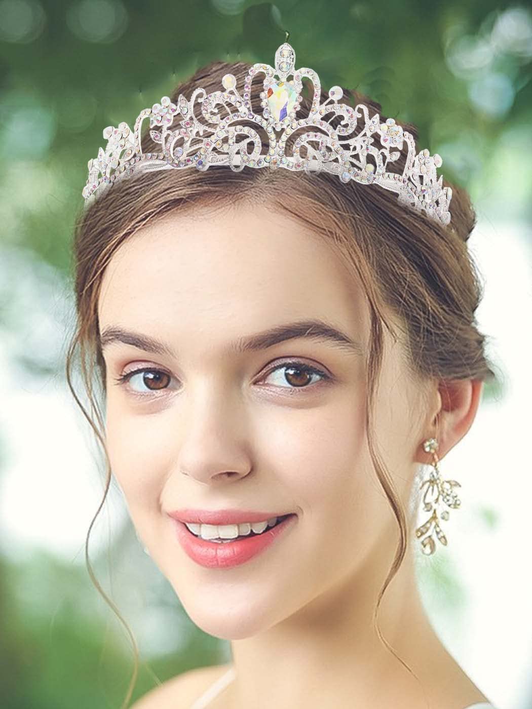 YeanSilver Crystal Tiara Crowns Bridal Queen Crown with Comb Rhinestone Princess Crowns Costume Hair Accessories for Women and Girls (Silver AB)