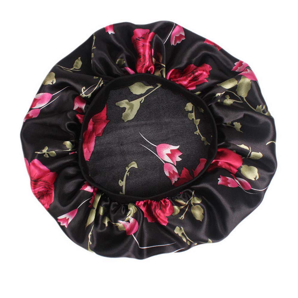 Tvoip 1Pcs Hair Satin Bonnet For Sleeping Shower Cap Silk Bonnet Bonnet Femme Women Night Sleep Cap Head Cover Wide Elastic Band (Black Flower)