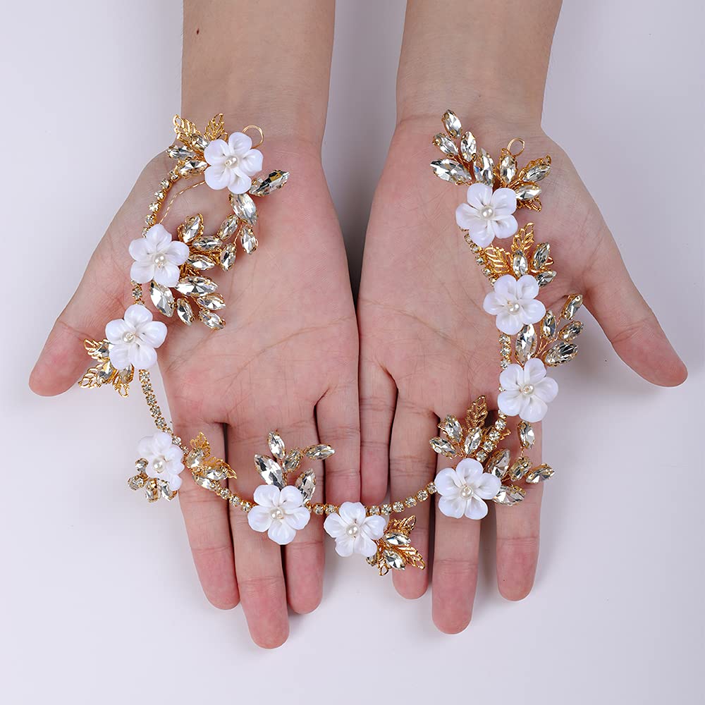 YERTTER Bridal White Flower Leaf Crystal Headband Wedding Crystal Floral Headband Pearl Hair Band Crystal Vine Rhinestone Headband Wedding Head Pieces for Women Bride Bridesmaid Flower Girl Prom Birthday Party (Style 2)