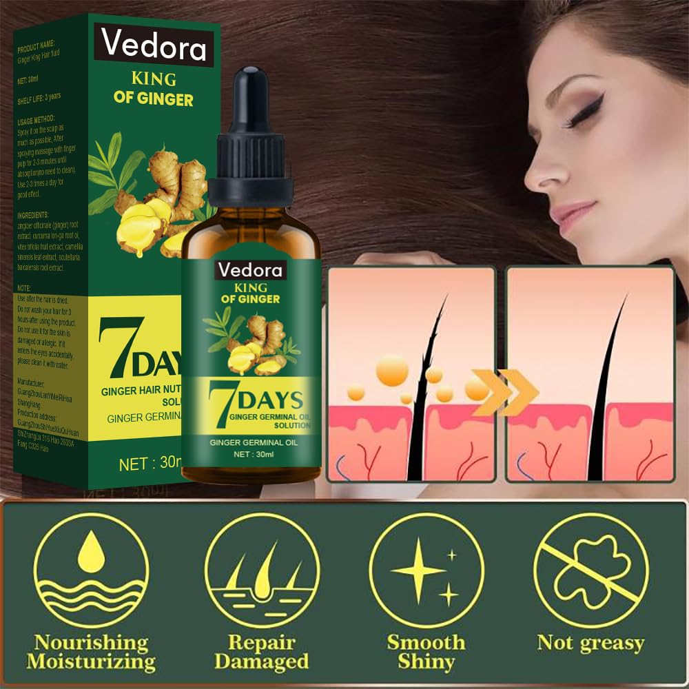 Vedora King of Ginger Oil for Hair Growth - Biotin Hair Growth Serum, 100% Pure Natural Ginger Essential Oil - Promotes Stronger, Thicker, Longer Hair in Women & Men - 3.15 Fl Oz / 90ML (3 PCS)