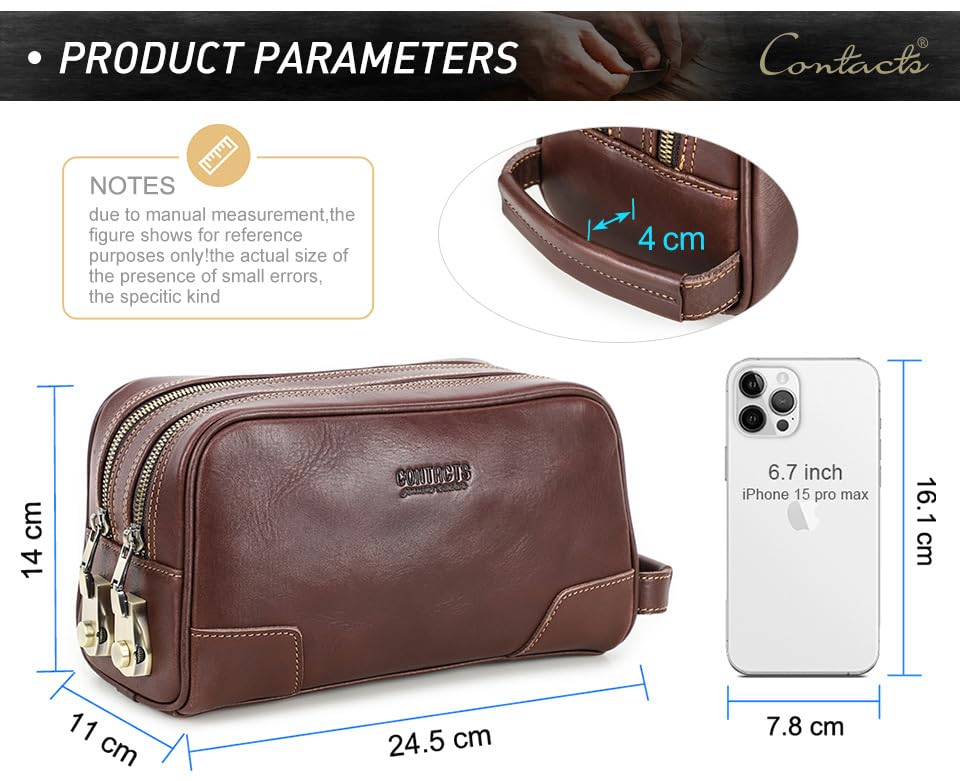 RC ROCKCOW Coded Lock Toiletry Bag, Mens Genuine Leather Travel Shaving Dopp Kit Anti Theft Business Wallet Clutch Purse Bag Organizer