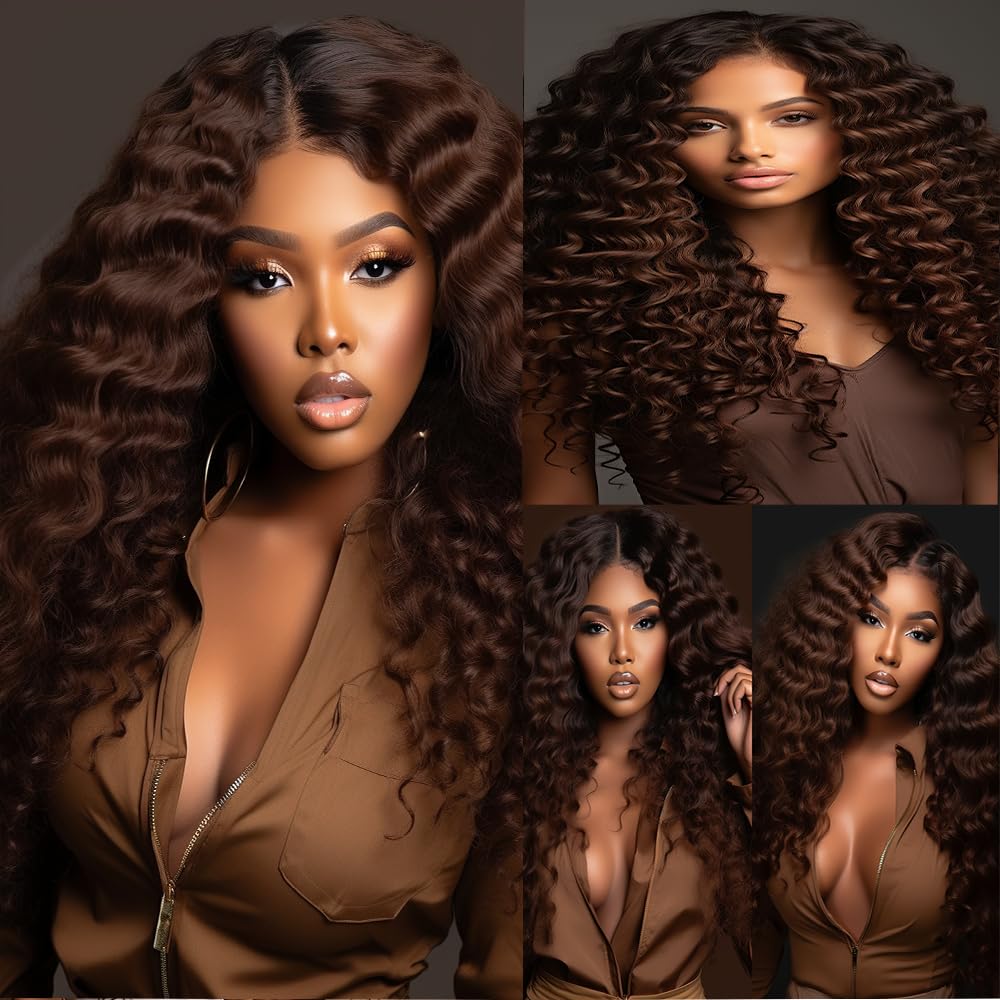 #4 Human Hair Loose Deep Wave Bundles Dark Brown Curly Weave Human Hair Bundles Double Weft Brazilian Remy Hair Extensions Wet and Wavy Bundles Silky Soft for Black Women(20 20 20 Inch 3 Bundles)