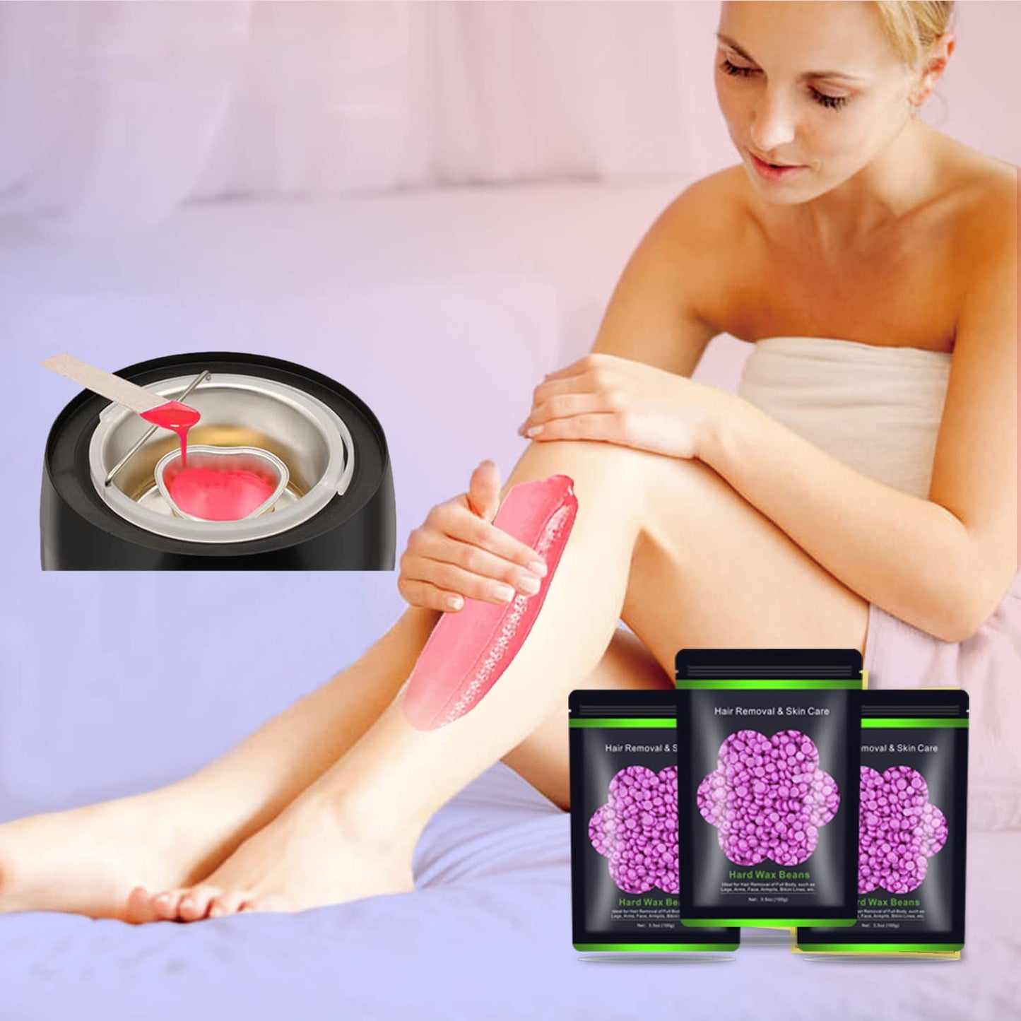 Wax Beads for Hair Removal 10.5 oz (300 g), Auperwel Hard Wax Beads for Sensitive Skin Brazilian, Face, Bikini, Eyebrow, Legs, Painless Waxing Beads for Women Men, 3 packs Wax Kit with 10 Wax Sticks