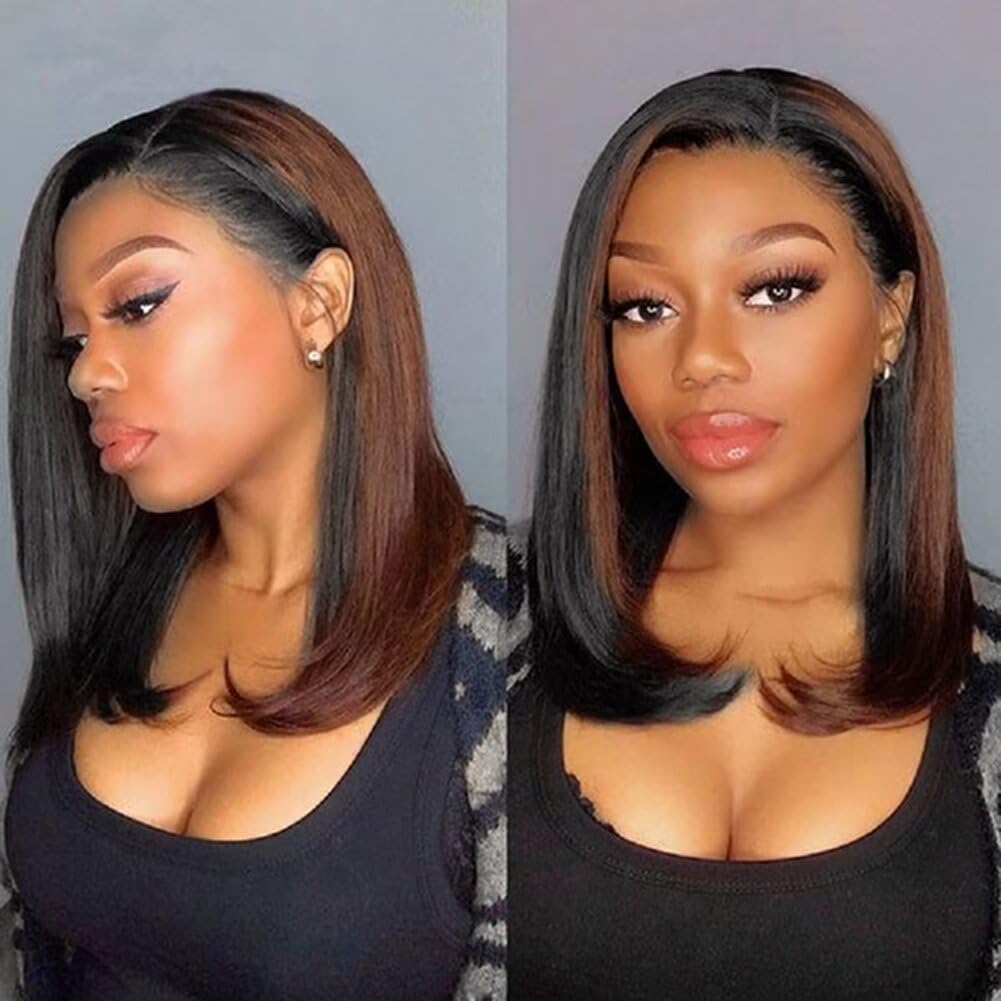 Aliesencia Highlight Bob Wig Short for Black Women Straight Synthetic Lace Wigs Natural Looking Heat Resistant Synthetic Hair Women's Wig(Black With Auburn Brown Strips)