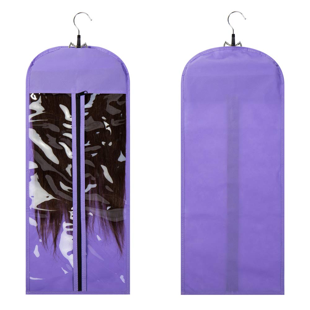 Portable Hair Extensions Carrier Non-woven Dust-proof Storage Case with Wooden Hanger for Human Hair Extensions(Purple)