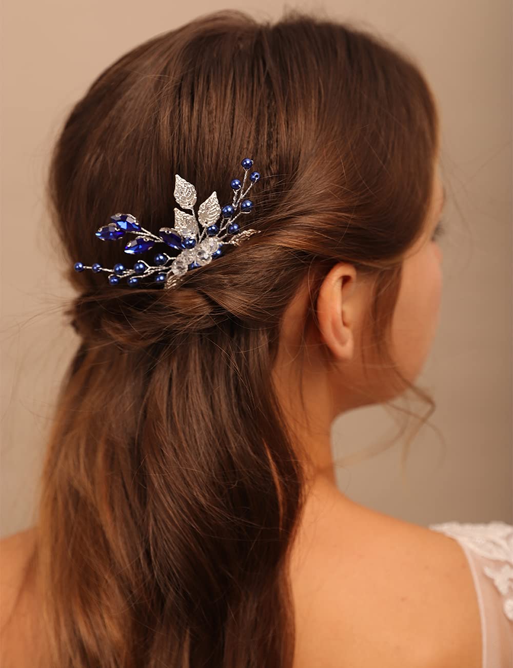 YERTTER Wedding Bridal Hair Comb decorative Rhinestone Bride Crystal Leaf Beads Comb Crystal Silver Handmade Updo Comb Clip Head Pieces for Women Flower Girls (Blue)