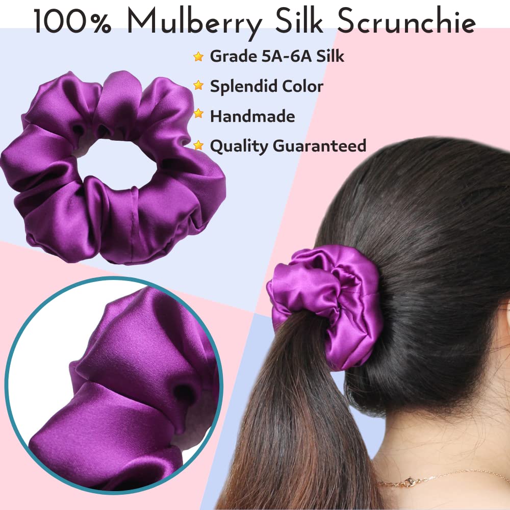 Real Natural Mulberry Silk Scrunchies Hair Elastics Hair Band Hair Ties Hair Holder for Women Girls (A-dark purple+dark red)