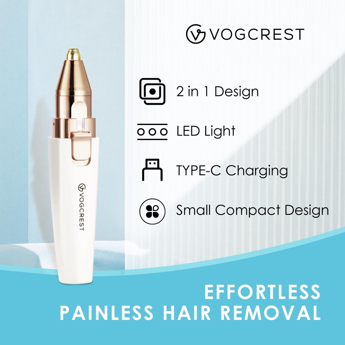 VG VOGCREST Eyebrow Facial Trimmer: 2 in1 Rechargeable Facial Hair Removal and Eyebrow Shaver - Face Lips Body Painless Facial Razor with Built-in LED Light (White)