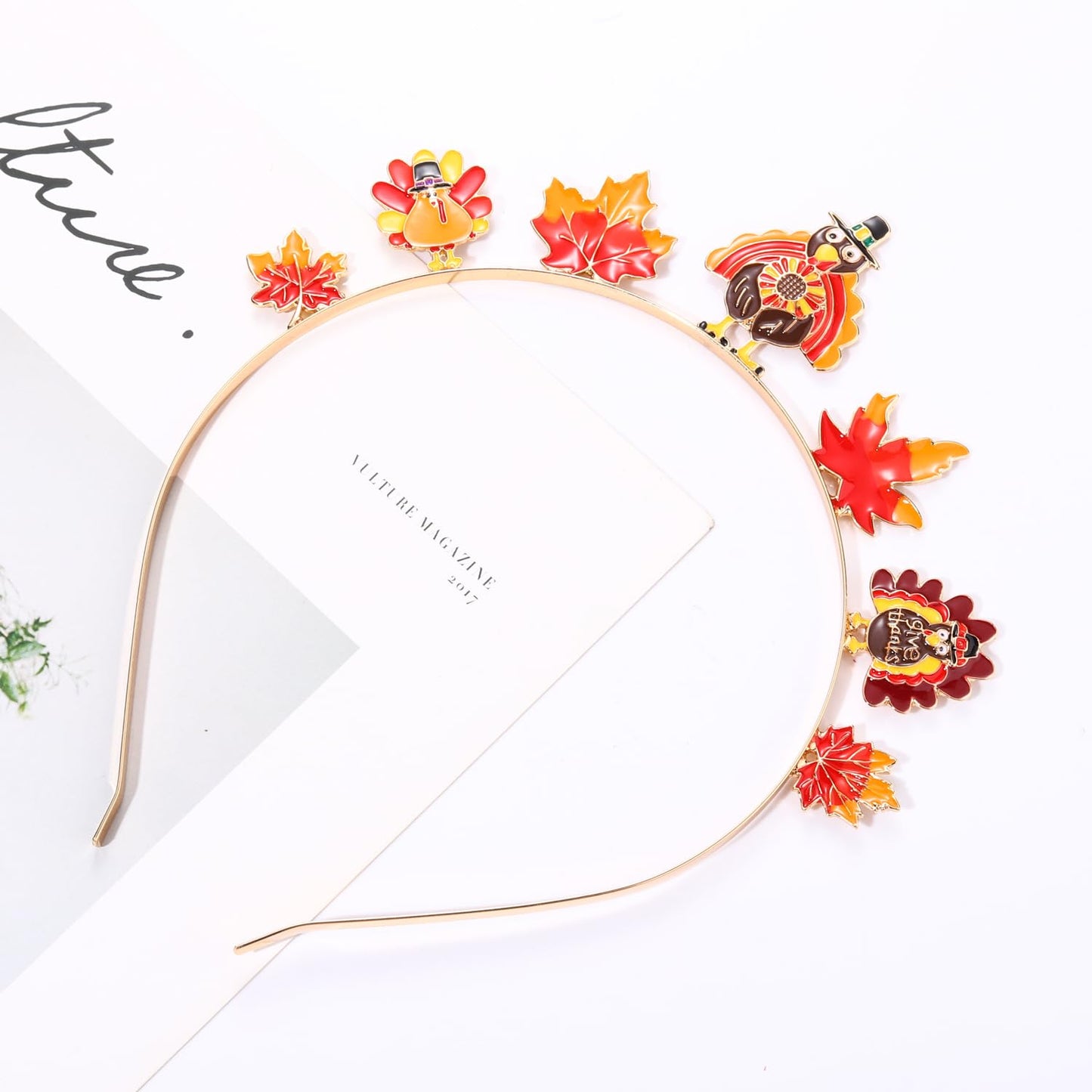 NVENF Thanksgiving Headband Autumn Fall Hairbands for Women Rhinestone Letter ‘GIVE THANKS’ ‘HAPPY FALL’ Gold Hair Hoop Thanksgiving Party Favors Hair Accessory Gifts (Turkey+Maple Leaf)