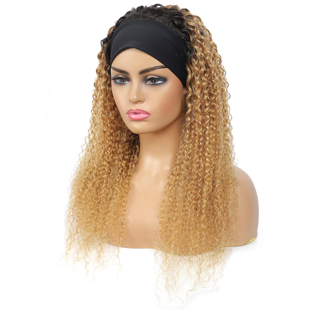 YiweYowe 22 Inch Ombre Headband Wig Human Hair Blonde 1b27 Colored Glueless No Lace Wig 150% Density Brazilian Virgin Hair Machine Made Wig 1B27 Curly Wave Honey Blonde Wig Human Hair