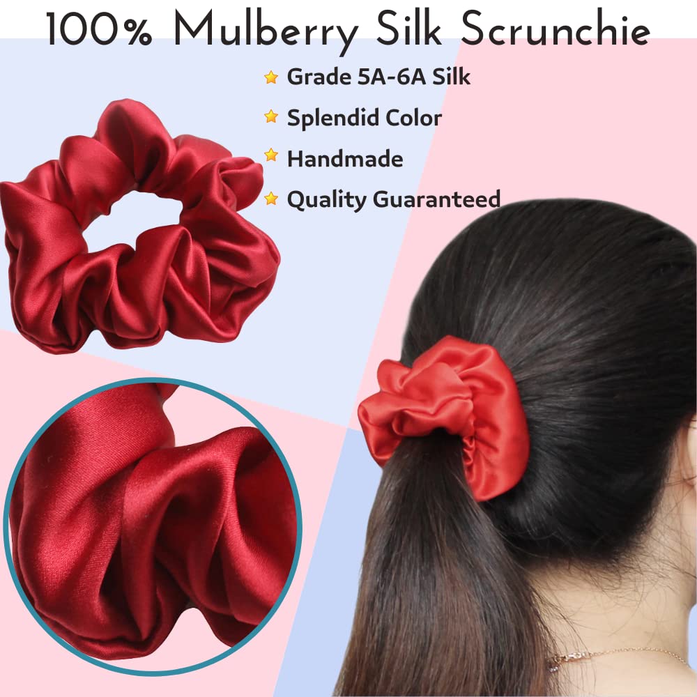 Real Natural Mulberry Silk Scrunchies Hair Elastics Hair Band Hair Ties Hair Holder for Women Girls (A-dark purple+dark red)