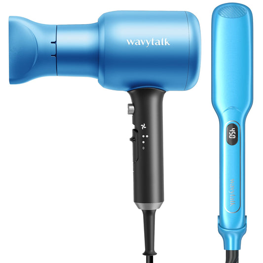 Wavytalk Professional Hair Dryer Blow Dryer with Diffuser and Concentrator for Curly Hair 1875W Ionic Salon Hair Dryer and 1.7 Inch Wide Titanium Flat Iron