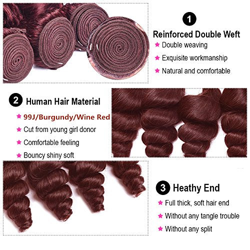 99J Burgundy Loose Deep Wave Human Hair Wefts 3 Bundles With 4x4 Lace Closure Brazilian Hair Extentions Red Wine Color Free Part 4x4 Hand tied Lace Closure (10"12"14"+10"closure, Burgundy/99J)