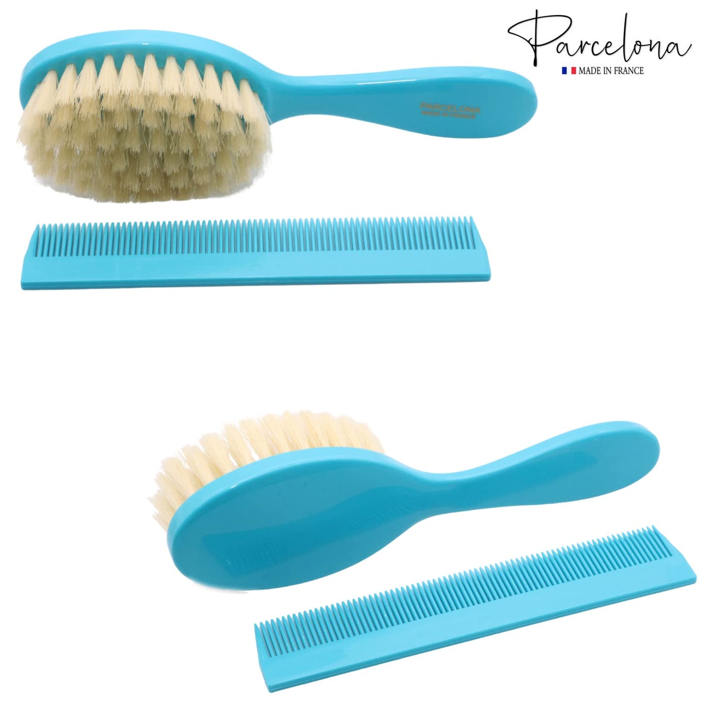 Parcelona French Grooming Combo White Blue and Brown 6” Celluloid Soft Natural Silk Bristles Baby Brush and Comb for Girls and Toddlers (Turquoise Blue)