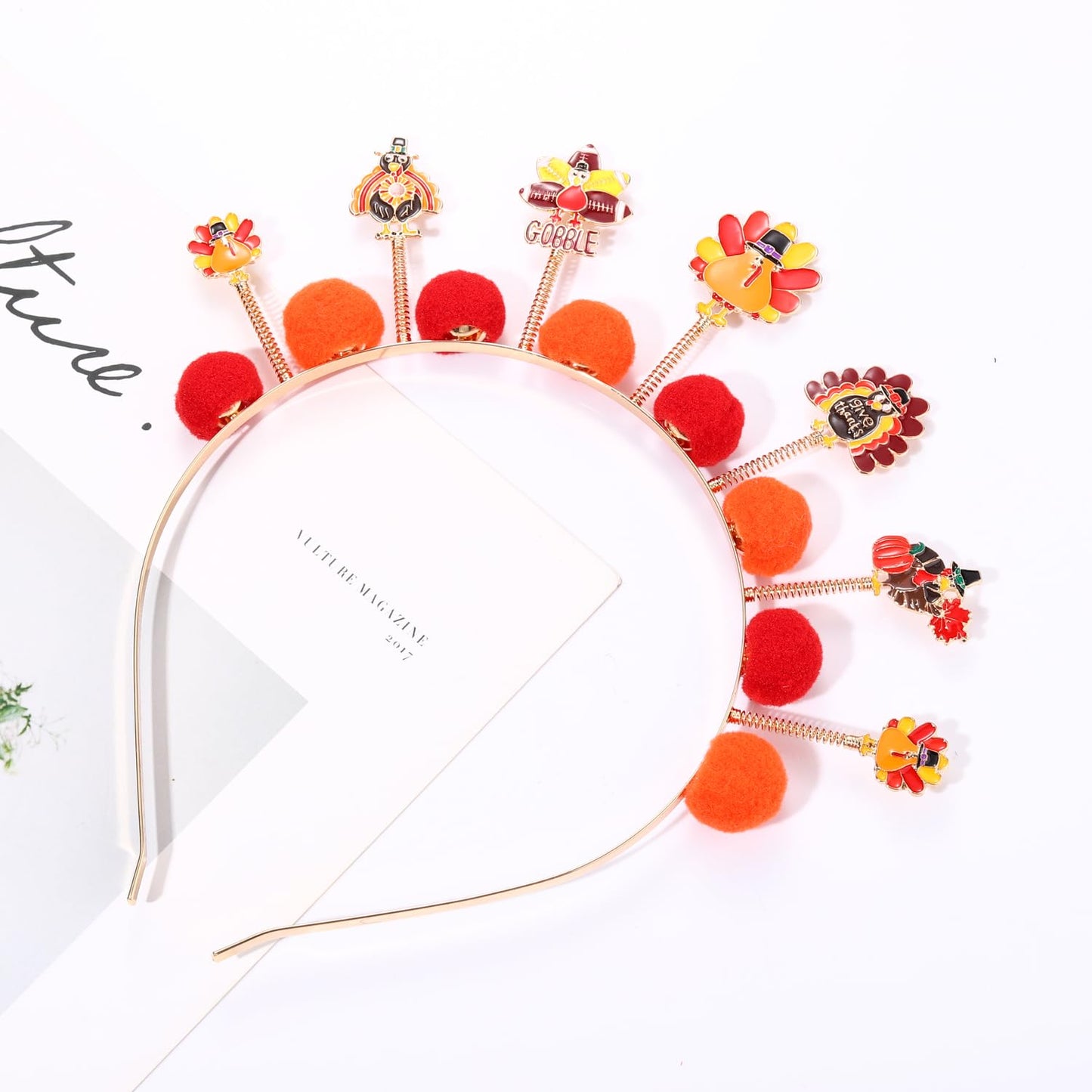 NVENF Thanksgiving Headband Autumn Fall Hairbands for Women Rhinestone Letter ‘GIVE THANKS’ ‘HAPPY FALL’ Gold Hair Hoop Thanksgiving Party Favors Hair Accessory Gifts (Pom Pom)