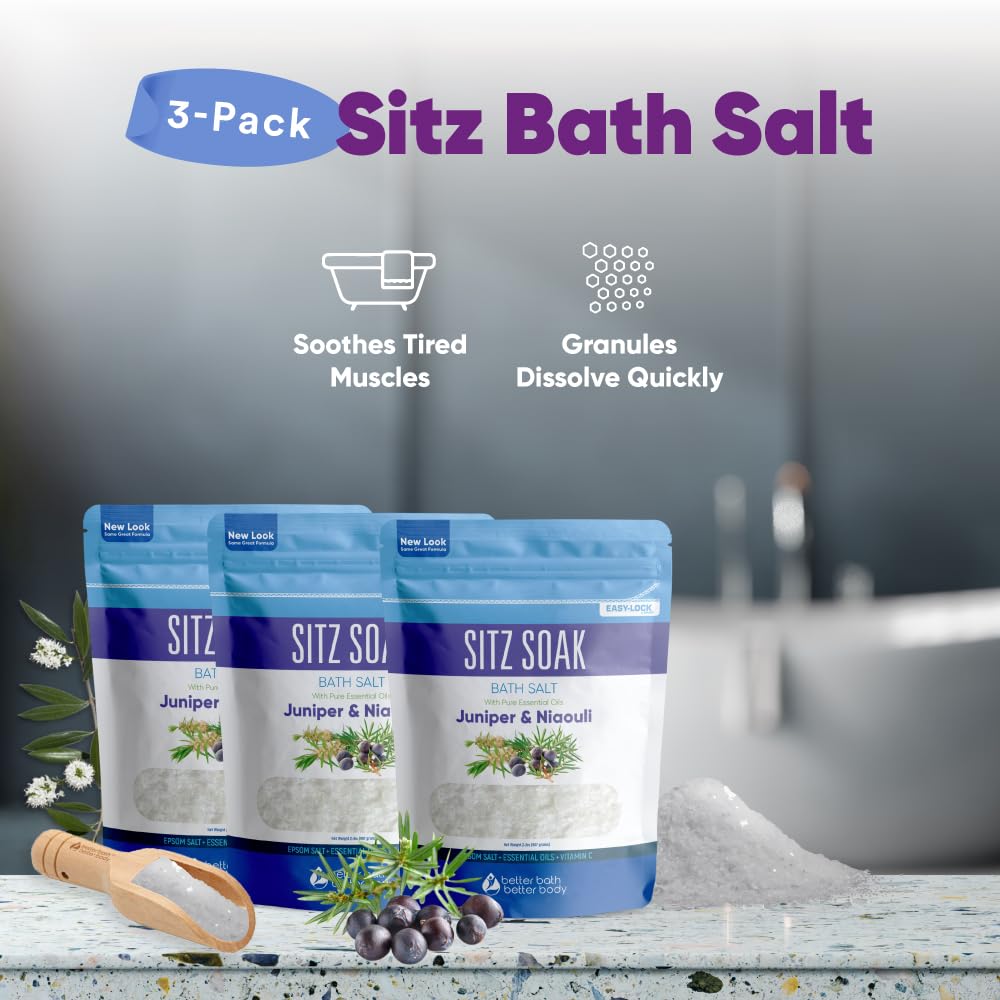 Sitz Bath Salt (3-Pack with Scoop) Hemorrhoid Soothing Sitz Soak Epsom Salt with Pure Essential Oils in BPA-Free Pouch with Easy Press Seal Made in USA with Bamboo Scoop, Three Pouches 6-Lbs Total