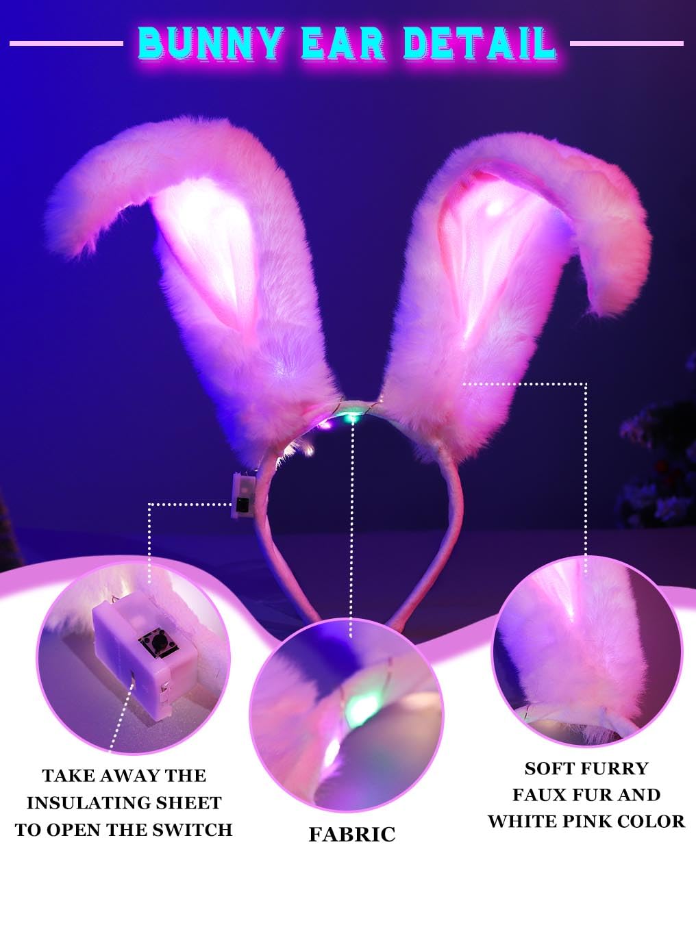 Uranian Light Up Bunny Ears Headbands White Rabbit Ears Hair Band Led Bunny Headband Flashing Furry Ears Headwear Cosplay Party Costume Hair Accessories for Women and Girls