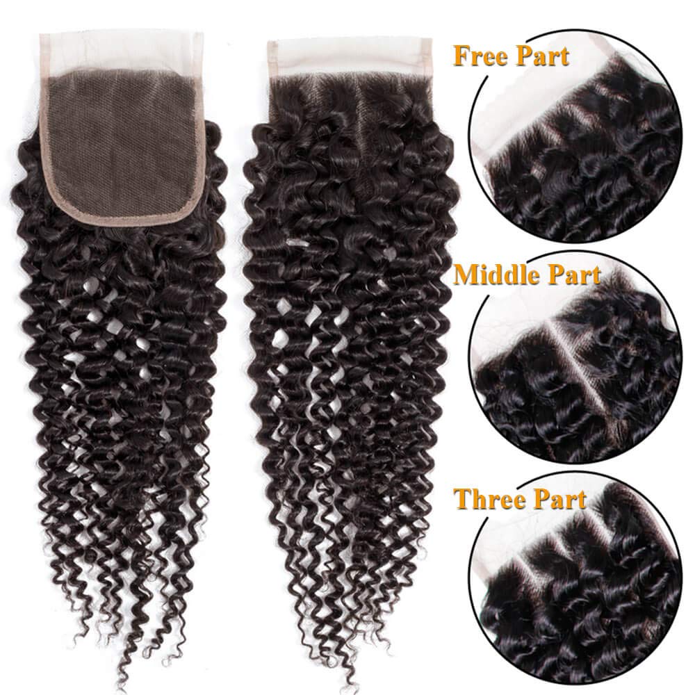 QTHAIR 14A Brazilian Curly Virgin Human Hair Bundles with 4X4 Middle Part Lace Closure Unprocessed Human Hair Extensions Natural (14 16 18+12,lace closure)