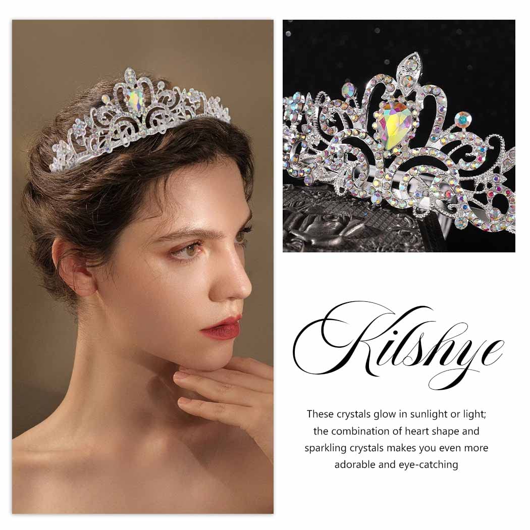 YeanSilver Crystal Tiara Crowns Bridal Queen Crown with Comb Rhinestone Princess Crowns Costume Hair Accessories for Women and Girls (Silver AB)