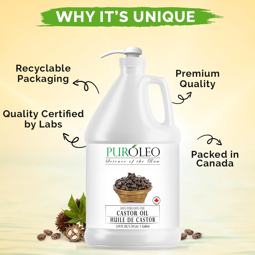 PUROLEO Castor Oil 128 Fl Oz/3784 ML (Made in Canada) Hair, Lash, Beard, Eyelashes & Eyebrow Oil Jamaican Black castor oil for thicker brow longer lashes, Make eyelash serum, hair serum for dry hair