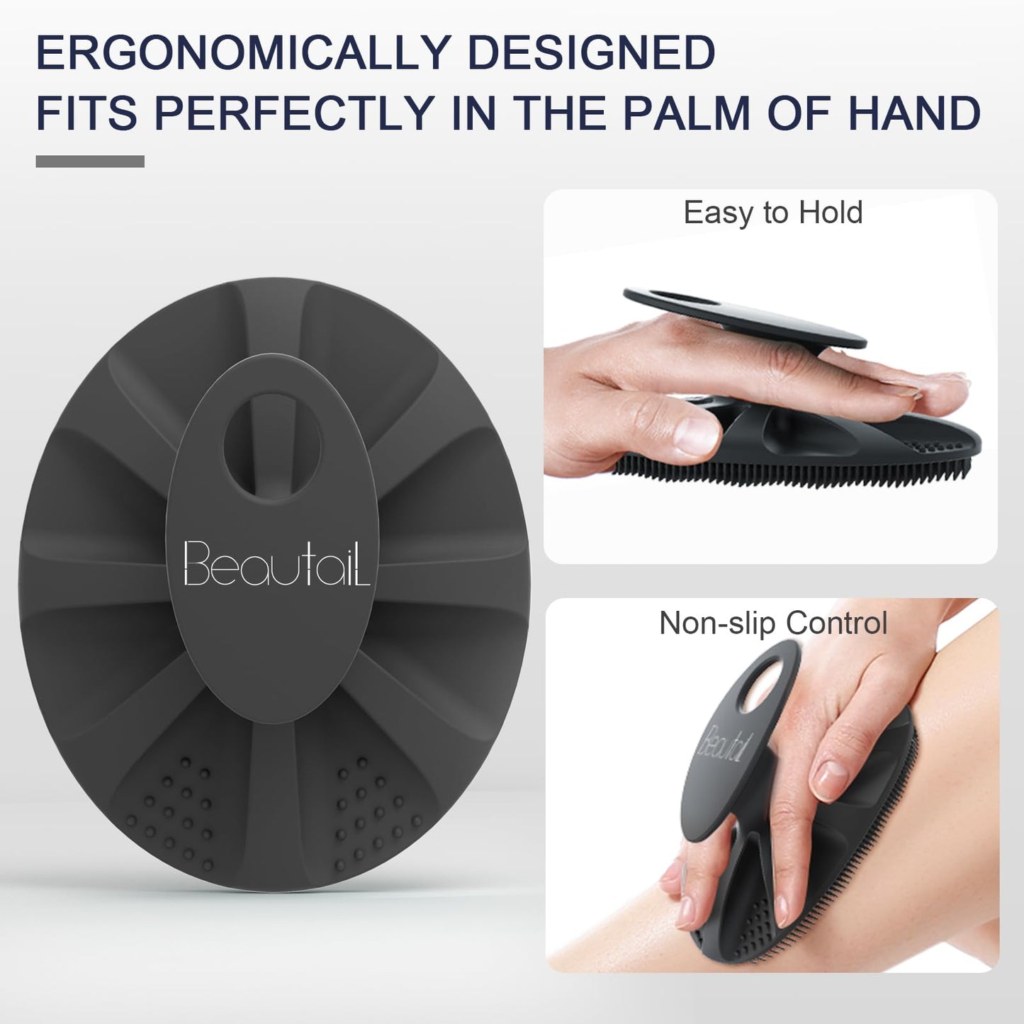 BEAUTAIL 1 Pack Silicone Body Scrubber Bath Shower Brush and 1 Pack Silicone Scalp Massager Shampoo Brush, Black